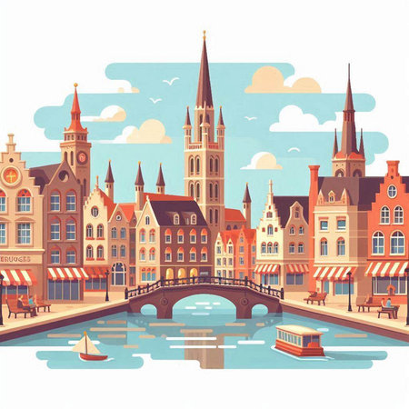 Cityscape of Bruges, Belgium, Europe. Vector illustrationのイラスト素材