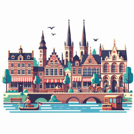 Bruges, Belgium, Europe. Vector illustration in flat styleのイラスト素材