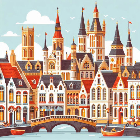 Cityscape of Amsterdam. Holland. Vector illustration in flat style.のイラスト素材
