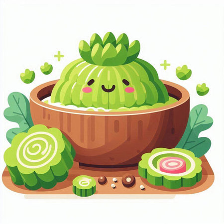 Kawaii green cactus in a wooden bowl. Vector illustrationのイラスト素材