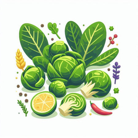 Brussels sprouts and lemons on white background. Vector illustration.のイラスト素材