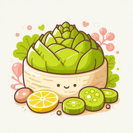 Cute cartoon kawaii avocado in bowl. Vector illustration.のイラスト素材