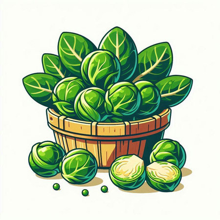 Brussels sprouts in a wooden basket. Vector illustration.のイラスト素材