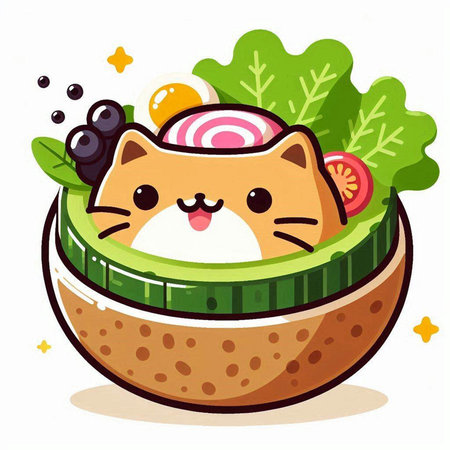 Cute kawaii cat eating vegetable salad. Vector illustration.のイラスト素材