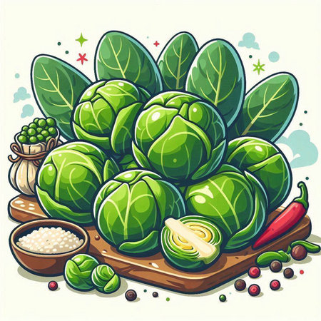 Brussels sprouts with herbs and spices. Vector illustration.のイラスト素材