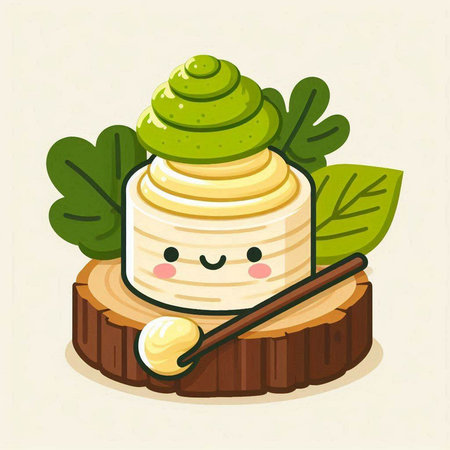 Cute cartoon cheese vector illustration. Cute funny cheese character on a wooden stump.のイラスト素材