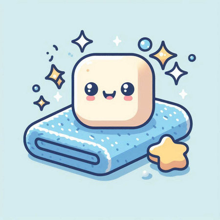 Cute cartoon vector illustration of soap character with towel and stars.のイラスト素材