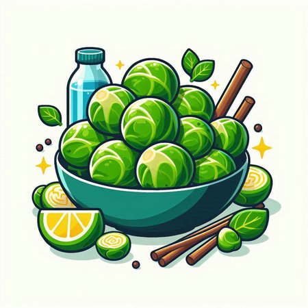 Illustration of brussels sprouts in a bowl with ingredientsのイラスト素材