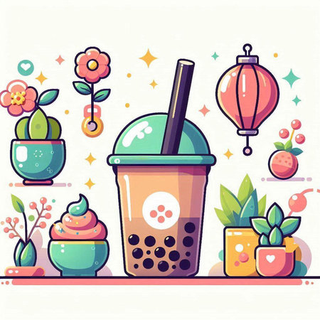 Vector illustration of a cup of coffee with a straw and a flower in a potのイラスト素材