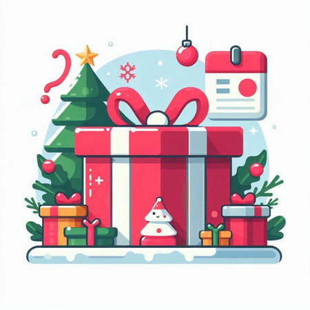 Christmas tree, gifts and calendar. Vector illustration in flat style.のイラスト素材