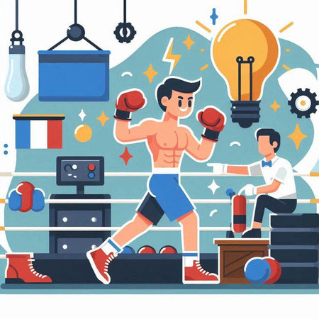 Flat design vector illustration concept of boxing. Cartoon character of young boxer training in gym.のイラスト素材