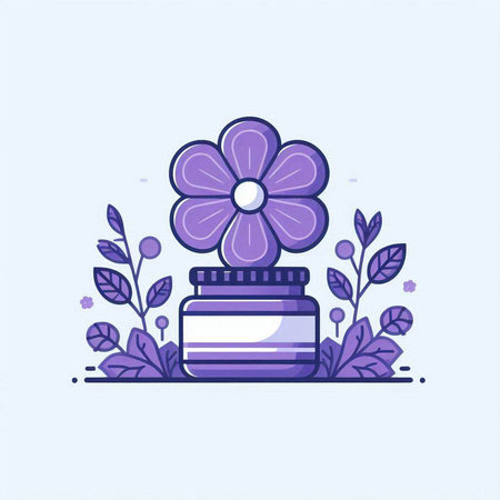 Cosmetic cream jar with flowers and leaves. Vector illustration in flat styleのイラスト素材