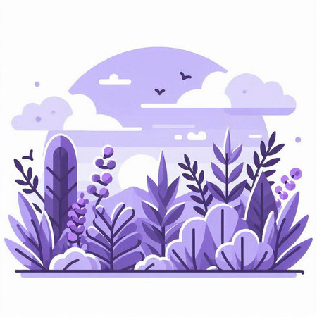 Landscape with flowers and trees. Vector illustration in flat style.のイラスト素材