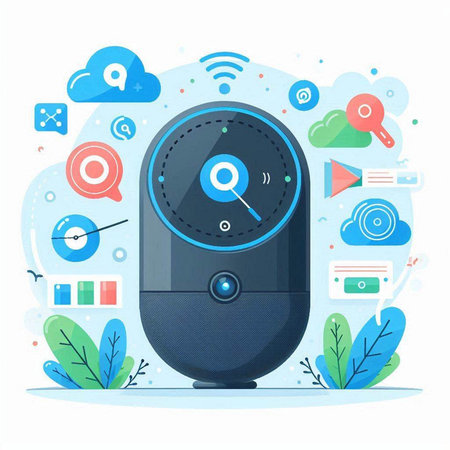 Vector illustration of a smart speaker with a magnifying glass on a white background.のイラスト素材