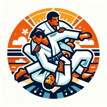 Illustration of a karate man fighting set inside circle done in retro style.のイラスト素材