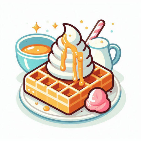 Belgian waffle with ice cream and syrup. Vector illustration.のイラスト素材