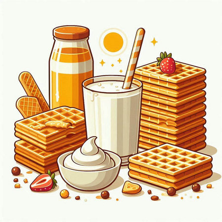 Vector illustration of a set of various types of milkshakes, yogurt, cookies and wafflesのイラスト素材