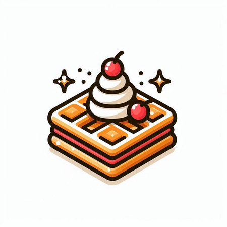Belgian waffles with cream and cherry on top. Vector illustration.のイラスト素材