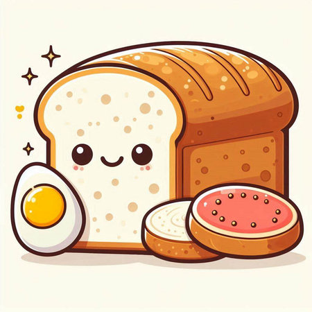 Illustration of a cute cartoon bread character with a yolk and a slice of breadのイラスト素材