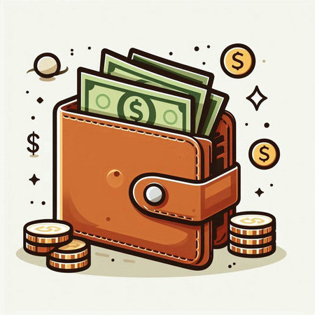 Wallet with money and coins. Vector illustration in a flat style.のイラスト素材