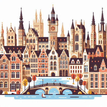 Bruges. Belgium. Cityscape with buildings. Vector illustration.のイラスト素材