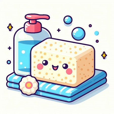 Cute cartoon vector illustration of soap, shampoo and shower gel.のイラスト素材