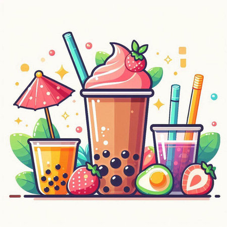 Fruit smoothie in plastic cup with straws, straws, apple, cherry, strawberry, avocado. Vector illustration.のイラスト素材