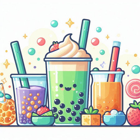 Vector illustration of a set of smoothies with fruits and berries.のイラスト素材