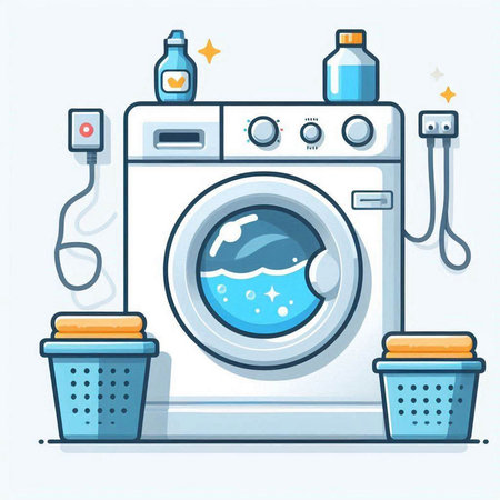 Washing machine with detergents. Vector illustration in flat styleのイラスト素材