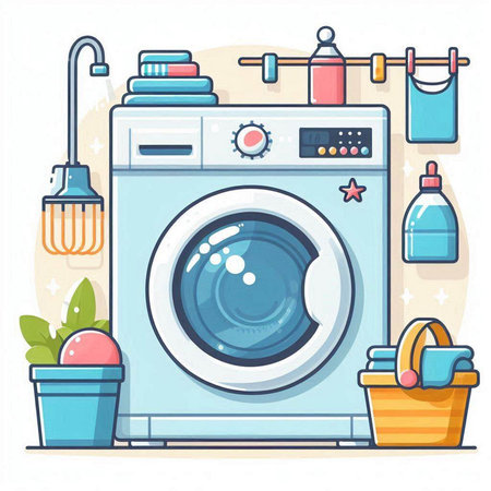 Washing machine. Laundry room. Vector illustration in cartoon styleのイラスト素材
