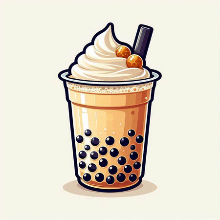 A glass of bubble tea with whipped cream and a straw. Vector illustration.のイラスト素材