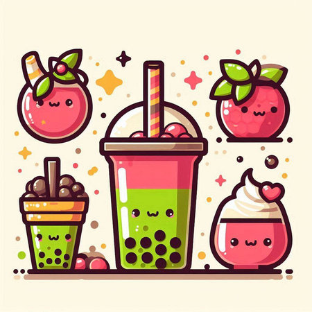 Funny cartoon bubble tea. Kawaii bubble tea. Vector illustration.のイラスト素材