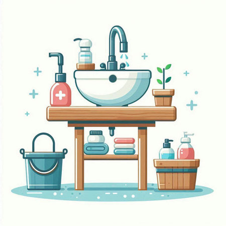Bathroom interior. Washbasin, washbasin, shampoo, soap, shower gel, bucket, towel, pail. Flat style vector illustration.のイラスト素材