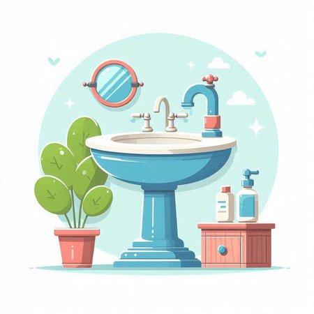 Bathroom interior with sink, mirror, toilet bowl, toilet bowl, washbasin, green plants and towels. Vector illustrationのイラスト素材