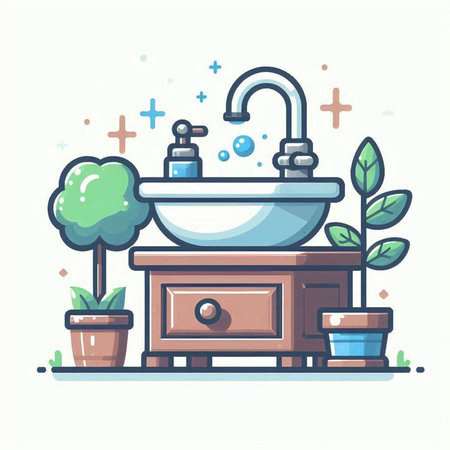 Faucet and sink in the bathroom. Vector illustration in flat style.のイラスト素材