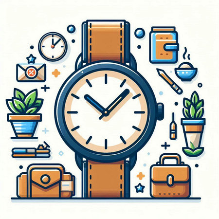 Wristwatch and office supplies. Vector illustration in line art style.のイラスト素材