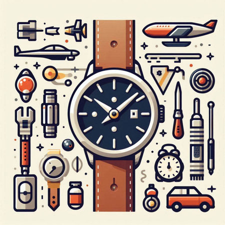 Wristwatch and accessories in line art style. Vector illustration.のイラスト素材