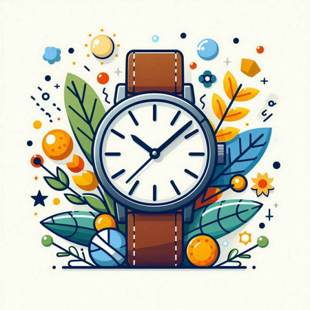 Vector illustration of stylish wristwatch on floral background. Trendy flat style design.のイラスト素材