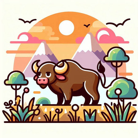 Buffalo on the background of the mountains and the sun. Vector illustrationのイラスト素材