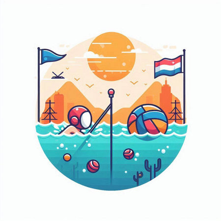 Water sports flat vector illustration. Water ball, volleyball, ice hockey, roller-skates, beach ball and flag on the background of the city.のイラスト素材