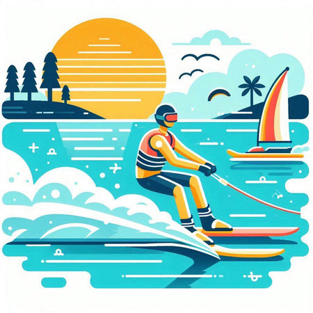 Water skiing on the lake. Vector illustration in a flat style.のイラスト素材