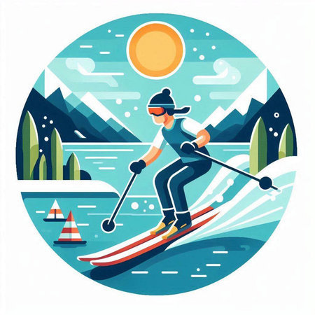 Skiing on a lake. Vector illustration in flat style.のイラスト素材