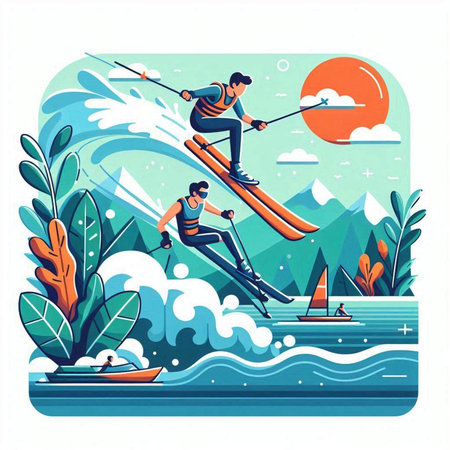 Water skiing. Man riding a skis on the water, vector illustrationのイラスト素材