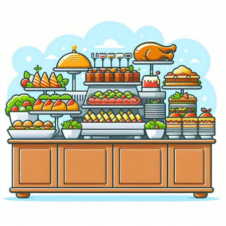 Catering buffet with food and drinks. Vector illustration in cartoon styleのイラスト素材