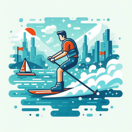 Man on a water skiing on the background of the city. Vector illustration.のイラスト素材