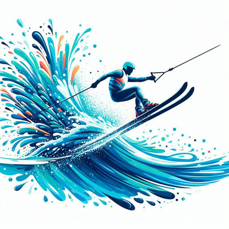 Skiing in blue water with splashes of paint. Vector illustration.のイラスト素材