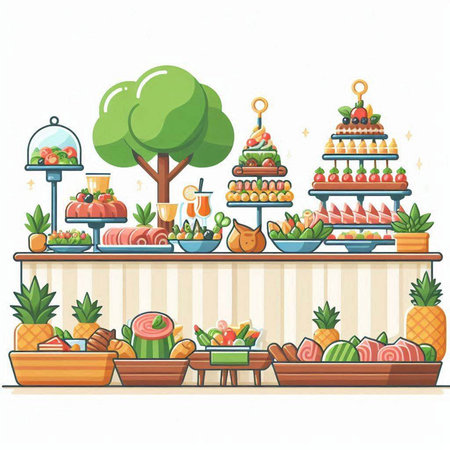 Fruits and vegetables on the counter in the supermarket. Vector illustrationのイラスト素材