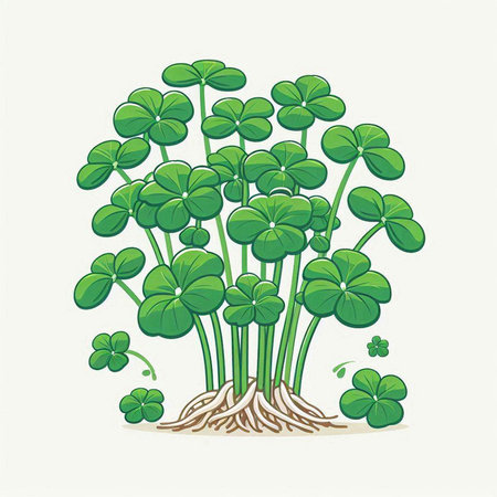 Illustration of a green clover plant with roots. Vector illustration.のイラスト素材