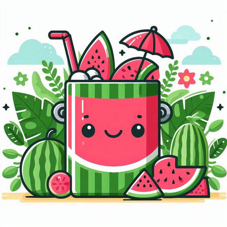 Cute cartoon watermelon smoothie character. Vector illustration for your designのイラスト素材