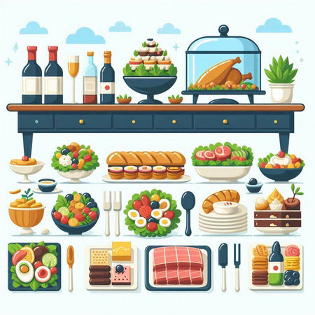 Restaurant restaurant food and drink set with food and drinks isolated vector illustrationのイラスト素材